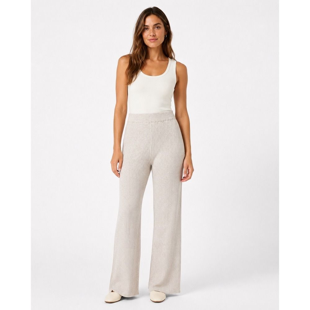 Spring + Mercer Oatmeal Beige Ribbed Knit Wide Leg Pants Small Pull On NWT